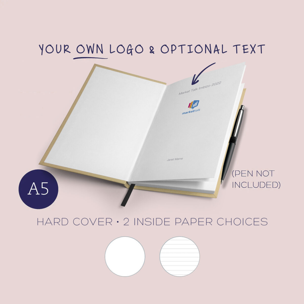 A5 Notebook: with choice of matching ribbon & elastic, foiled text, logo upload and back pocket. (hard cover) - Image 2