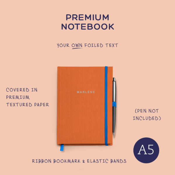 A5 Notebook: with choice of matching ribbon & elastic, foiled text. (hard cover)