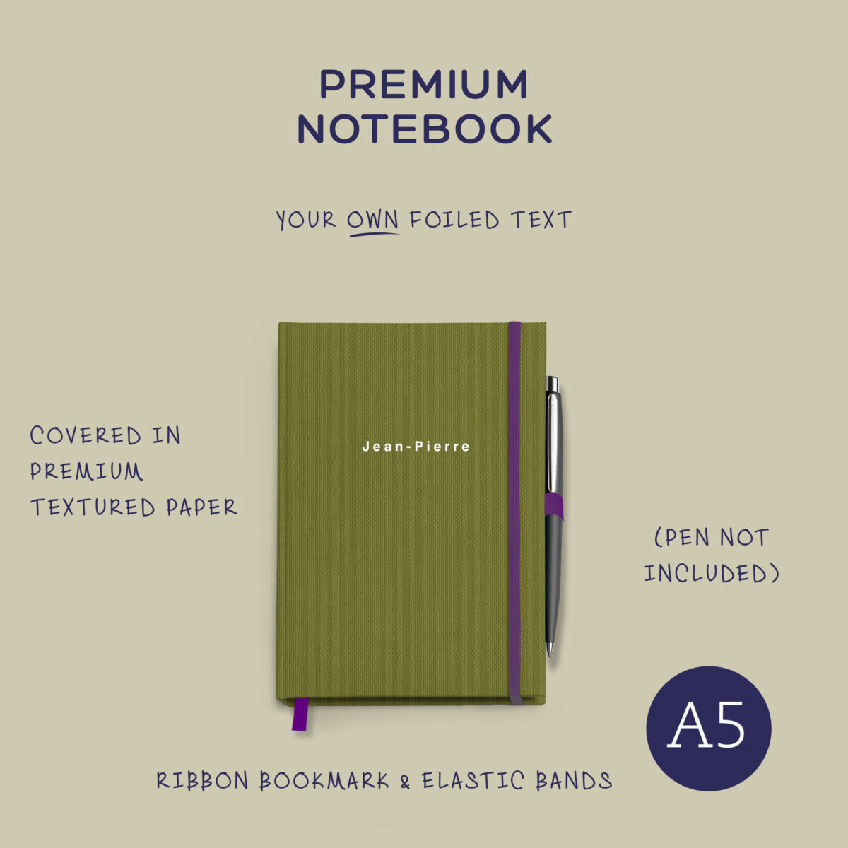 A5 Notebook: with choice of matching ribbon & elastic, foiled text, logo upload and back pocket. (hard cover)
